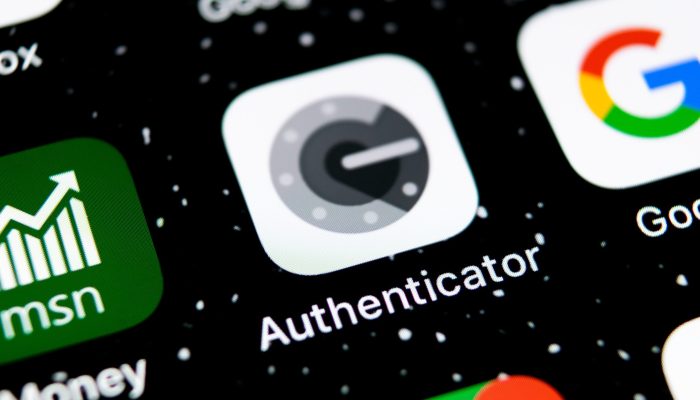 Sankt-Petersburg, Russia, February 3, 2019: Google authenticator application icon on Apple iPhone X smartphone screen close-up. Google Authenticator app icon. Social network. Social media icon